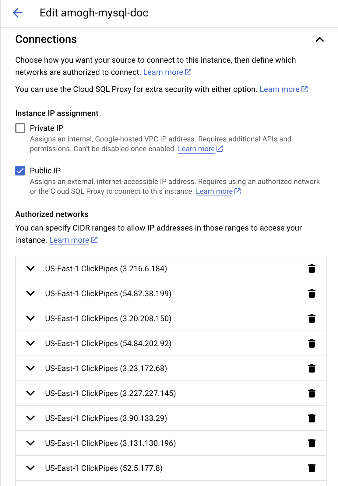 Разрешение IP-адресов в GCP MySQL