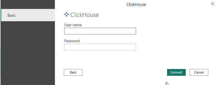 Диалог ввода учётных данных подключения к ClickHouse с полями username и password