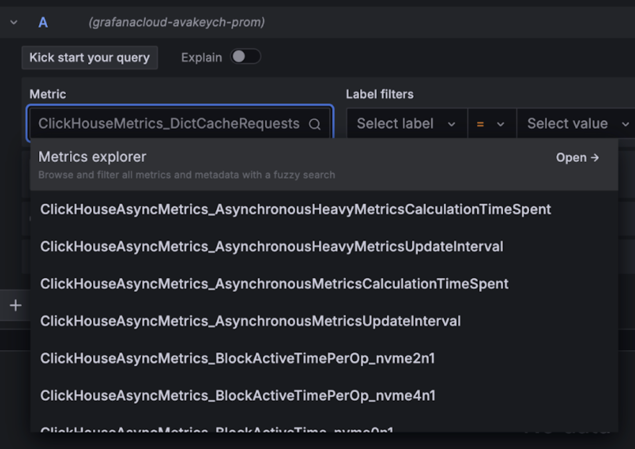 Раскрывающееся меню Grafana Metrics Explorer
