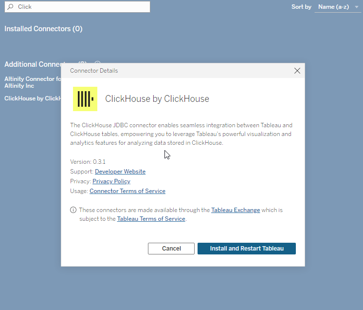 Диалог установки коннектора Tableau с информацией о коннекторе ClickHouse JDBC и кнопкой установки