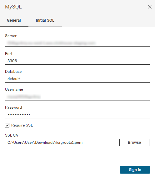 Диалог подключения MySQL в Tableau Desktop с включенной опцией SSL и полями для сервера, имени пользователя, пароля и сертификата