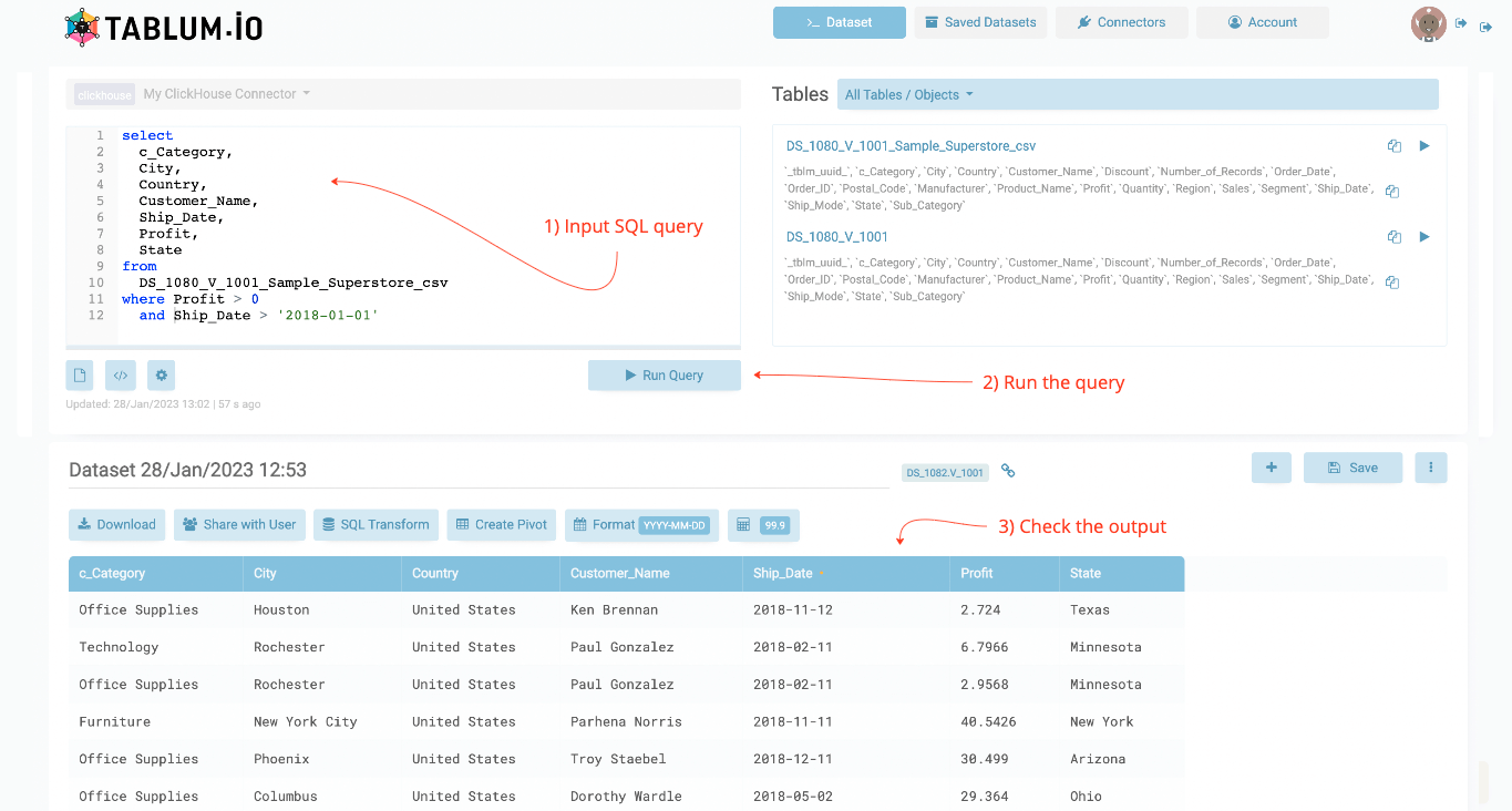 Выполнение SQL-запроса в TABLUM.IO